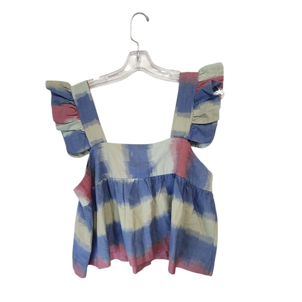 Outerknown Ruffle Strap‎ Top Women Large Blue Pink NWT